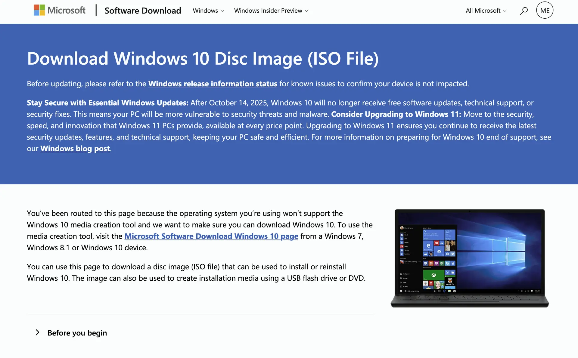 Microsoft's download page for the Windows 10 ISOs